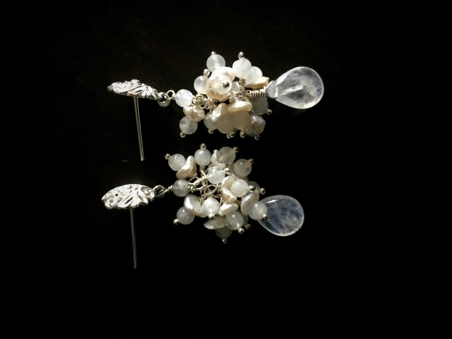 Rainbow Moonstone and Cream Keshi Pearl Silver Earrings