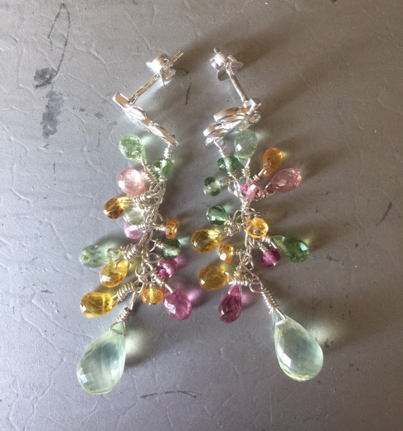 Sunny Tourmaline, Prehnite, and Yellow Sapphire Drop Earrings