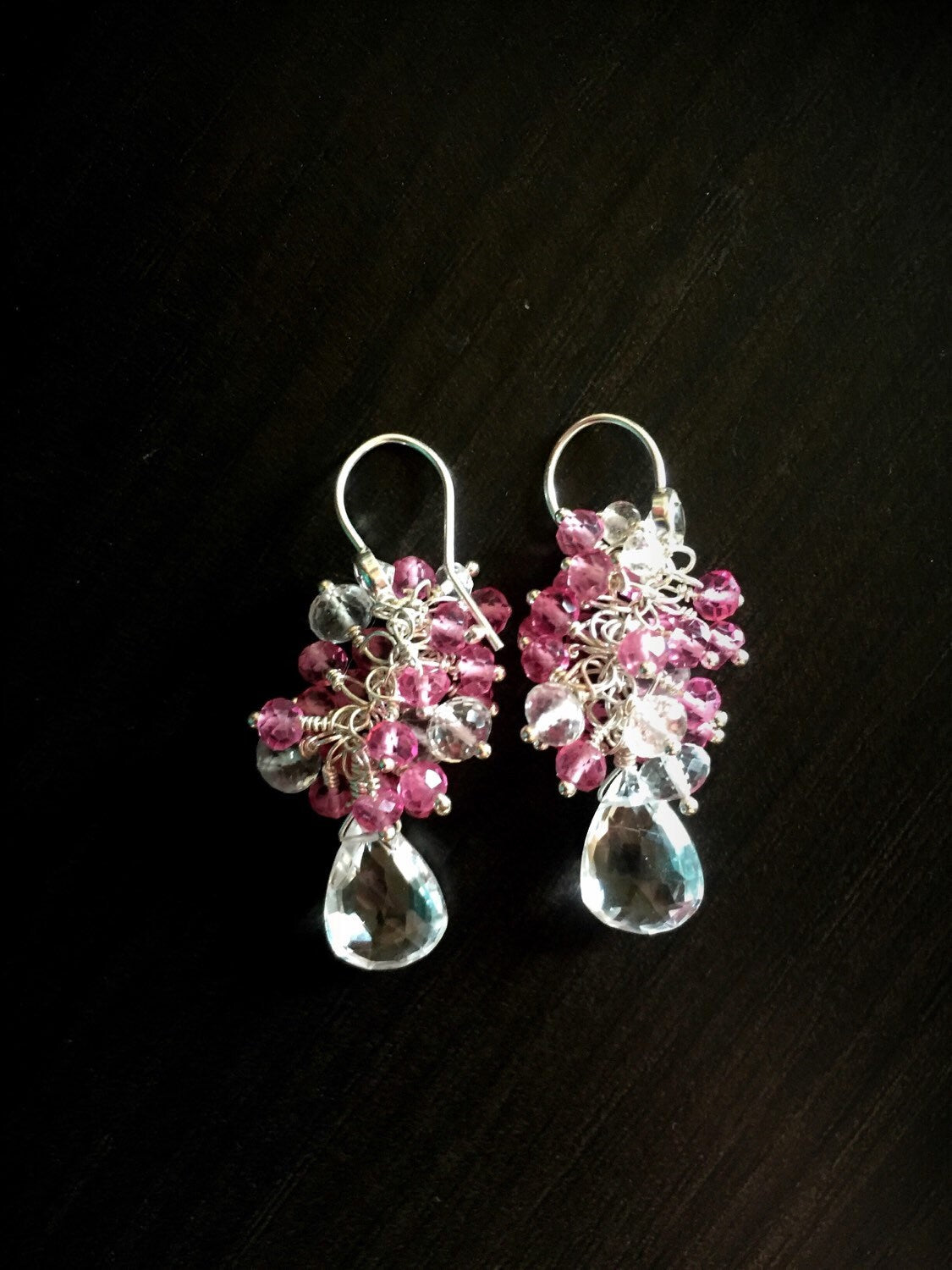 White Topaz and Hot Pink Topaz Silver Cluster Earrings