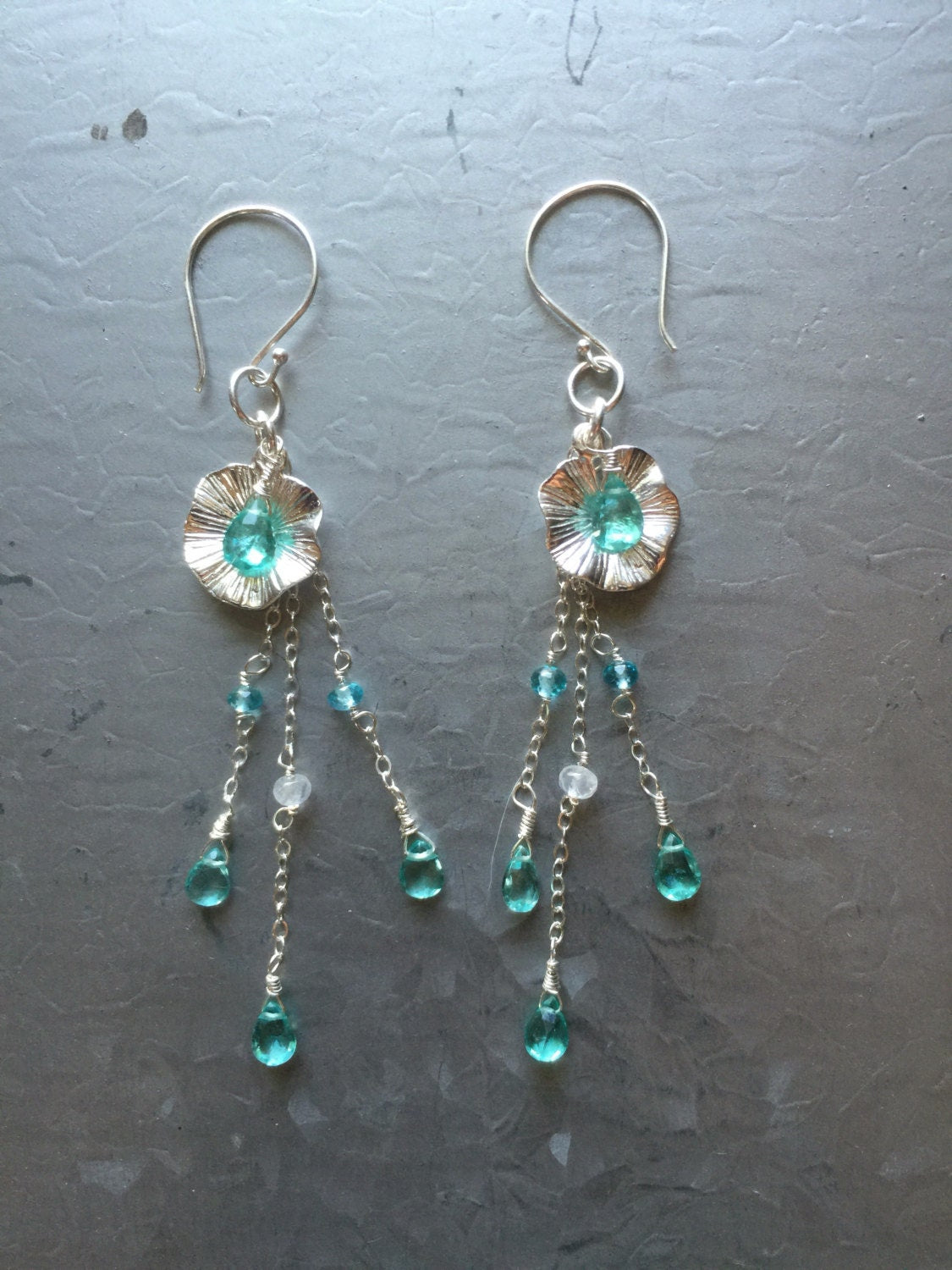 Sea Green Apatite and Rainbow Moonstone Sterling Silver Lily Pad Earrings