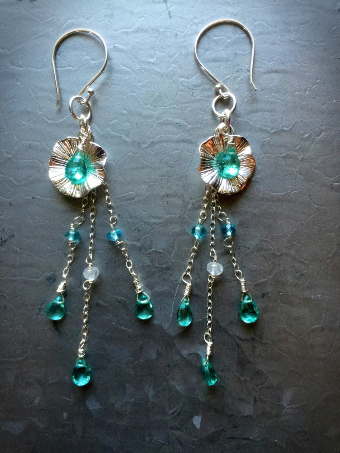 Sea Green Apatite and Rainbow Moonstone Sterling Silver Lily Pad Earrings