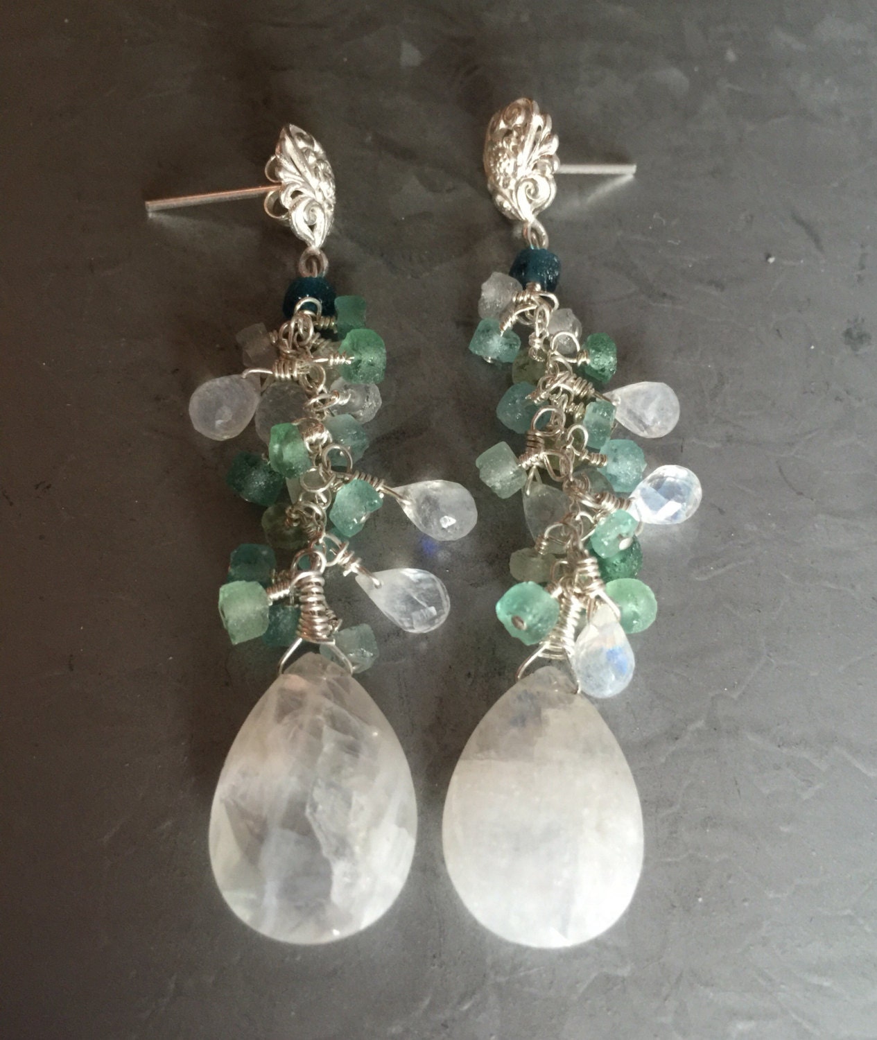 Ancient Roman Glass and Rainbow Moonstone Earrings