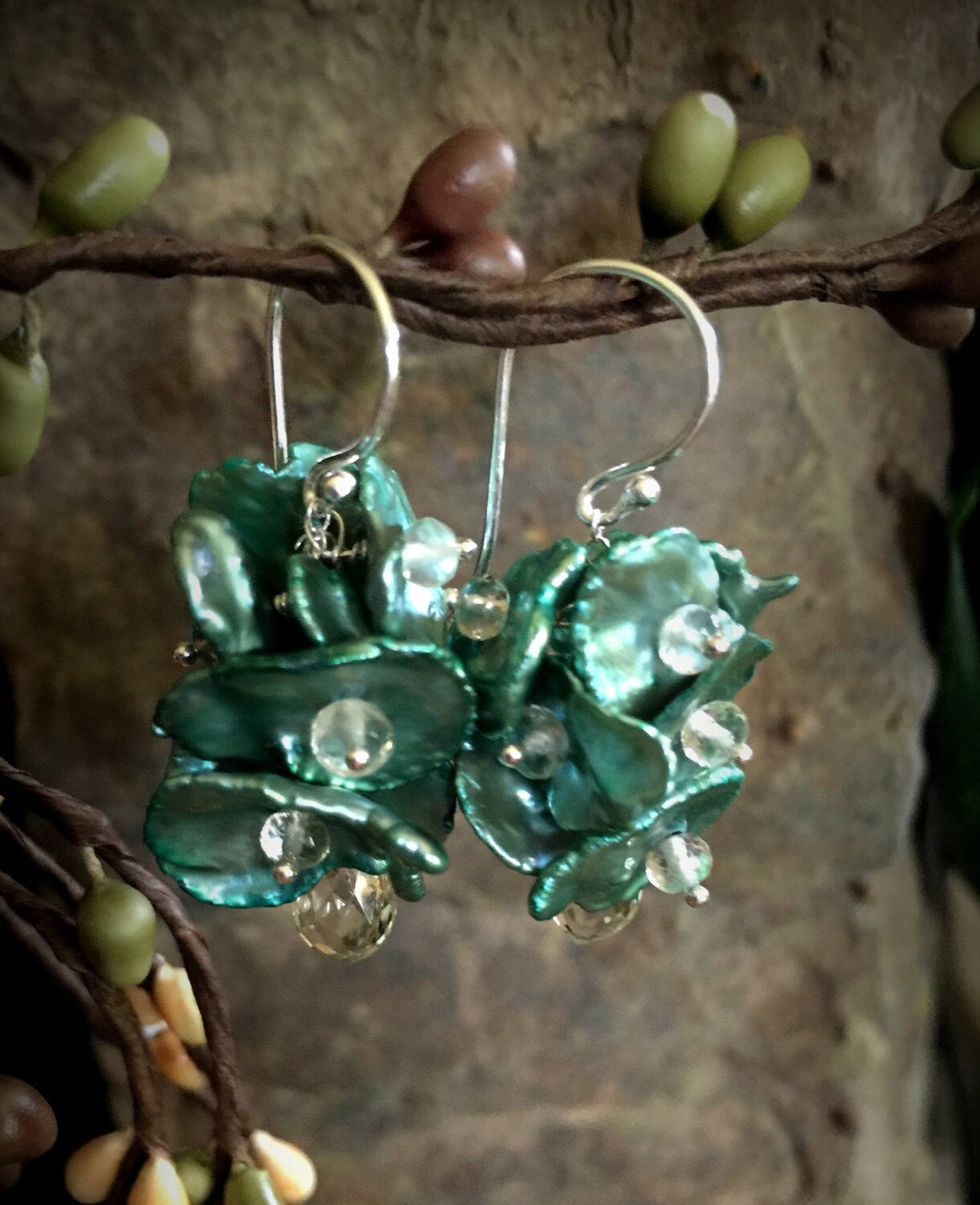 Green Keshi Pearl and Yellow Scapolite Earrings