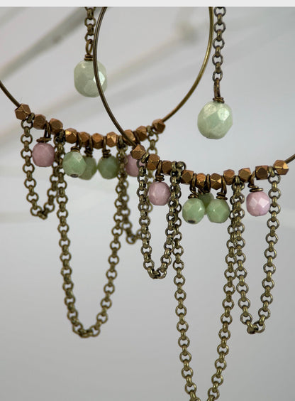 Medium Pink and Green Czech Glass Bracelet and Earrings Set