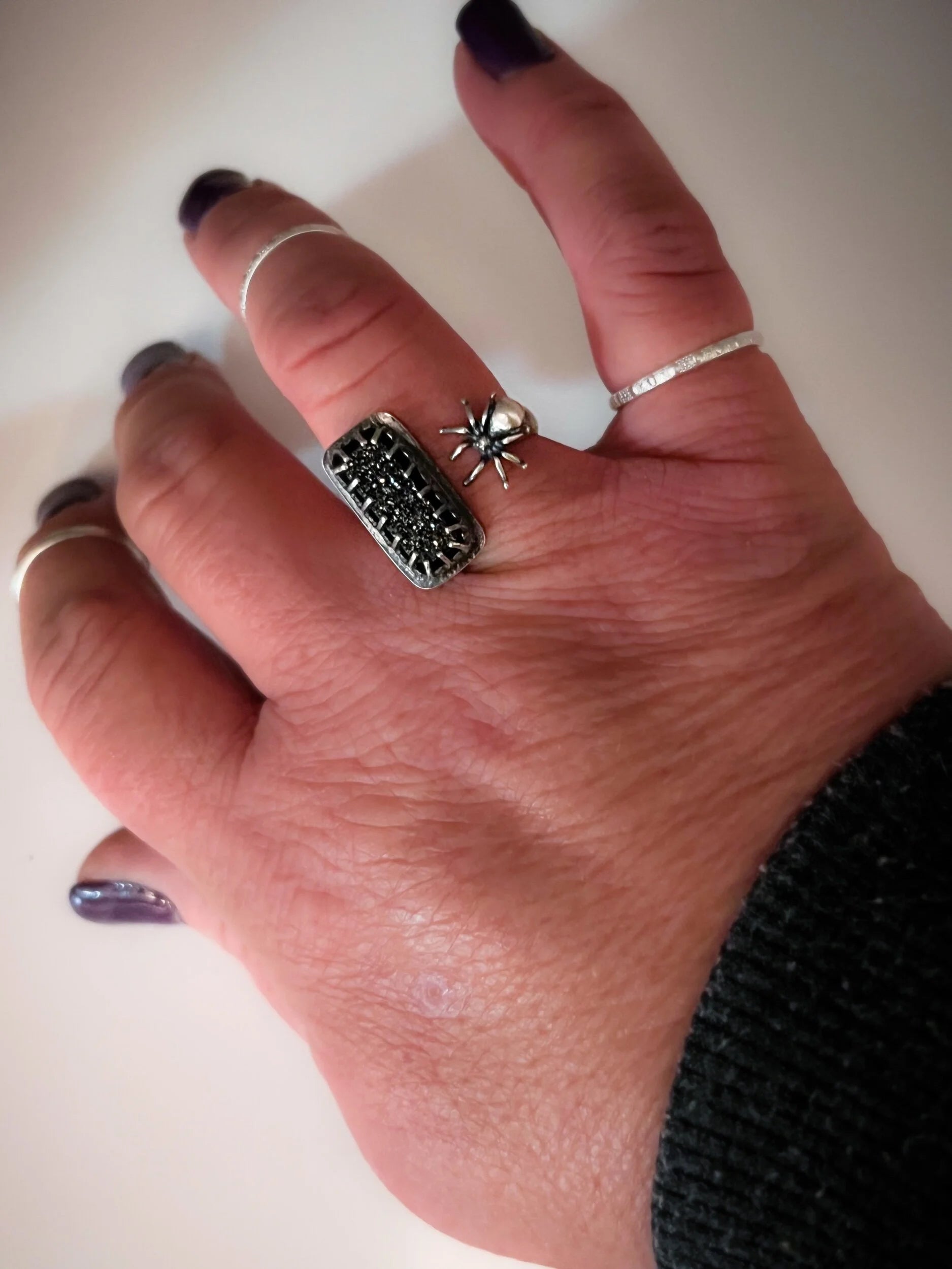 Open Concept Black Knight Druzy & Spider Halloween Ring