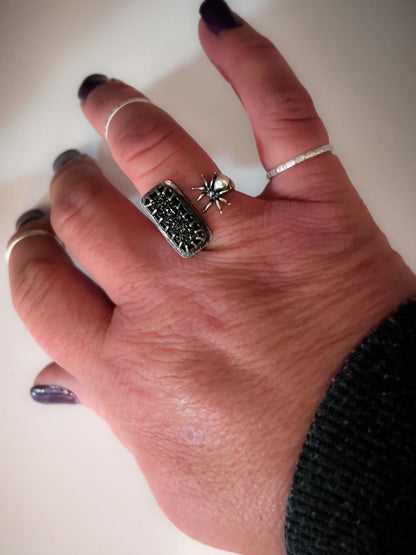 Open Concept Black Knight Druzy & Spider Halloween Ring