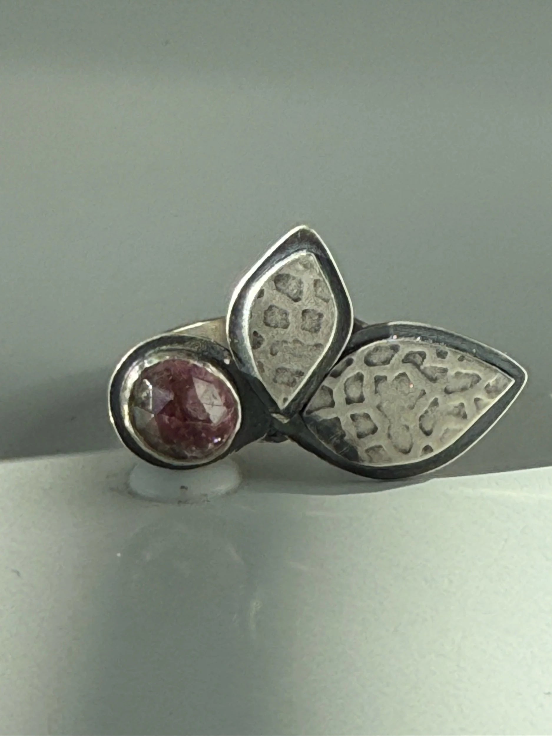 Watermelon Tourmaline 2 Leaf Silver Ring