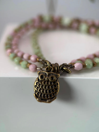 Medium Pink and Green Czech Glass Bracelet and Earrings Set