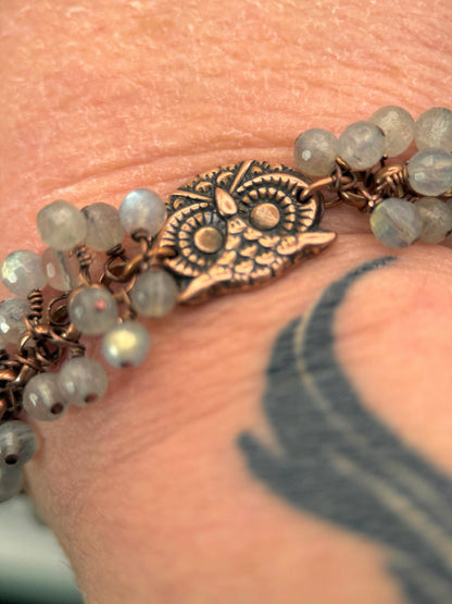 Medium Antique Copper and Labradorite Owl Bracelet