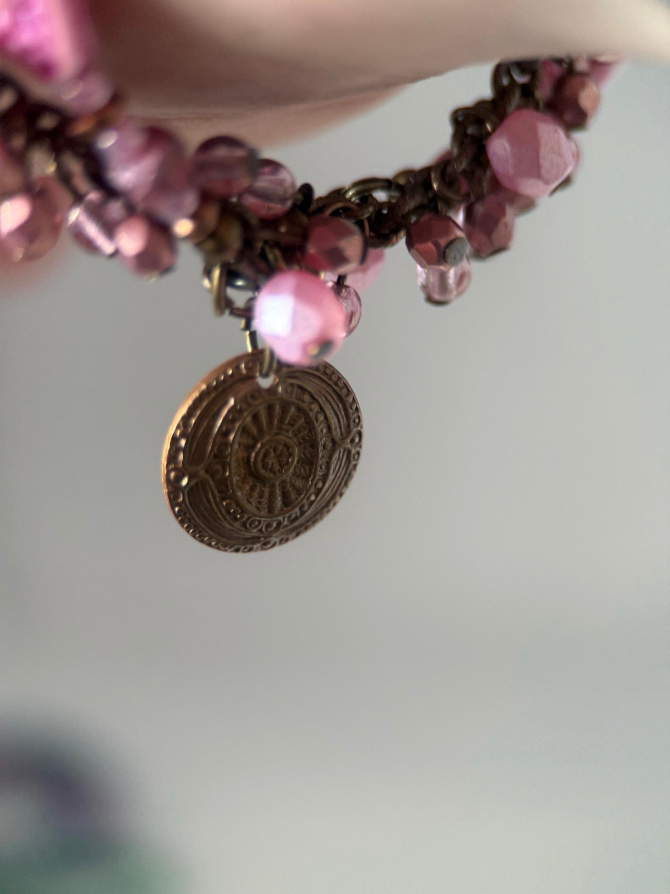 Medium Brass Czech Glass Pink Bird Double Strand Bracelet