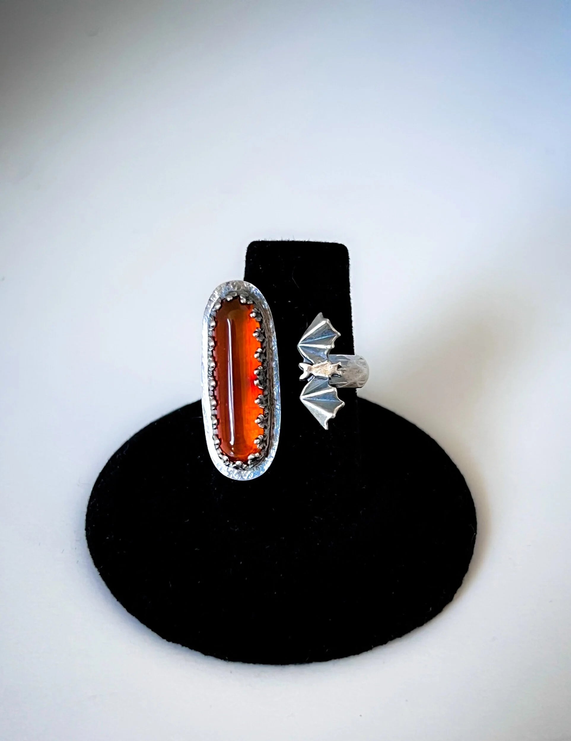 Open Concept Fire Opal & Bat Halloween Adjustable Ring