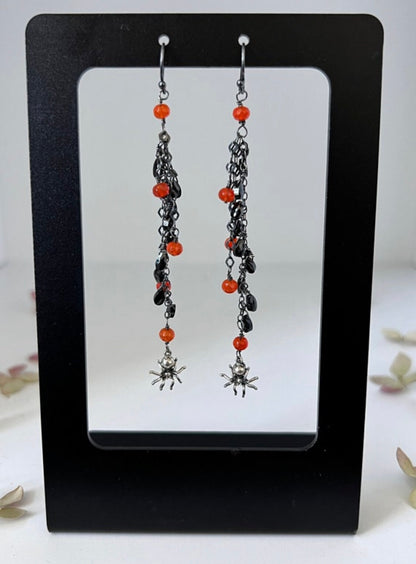 Black Spinel, Carnelian, and Spider Dangle Halloween Earrings
