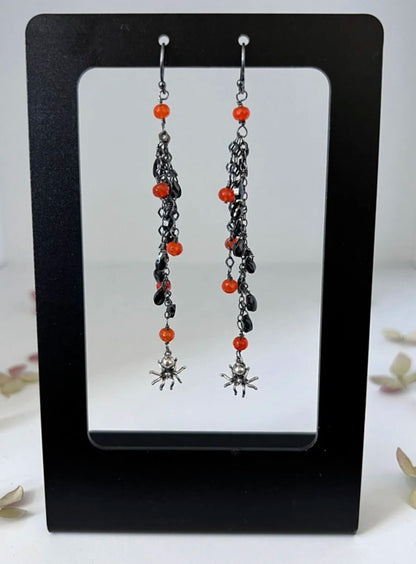 Black Spinel, Carnelian, and Spider Dangle Halloween Earrings
