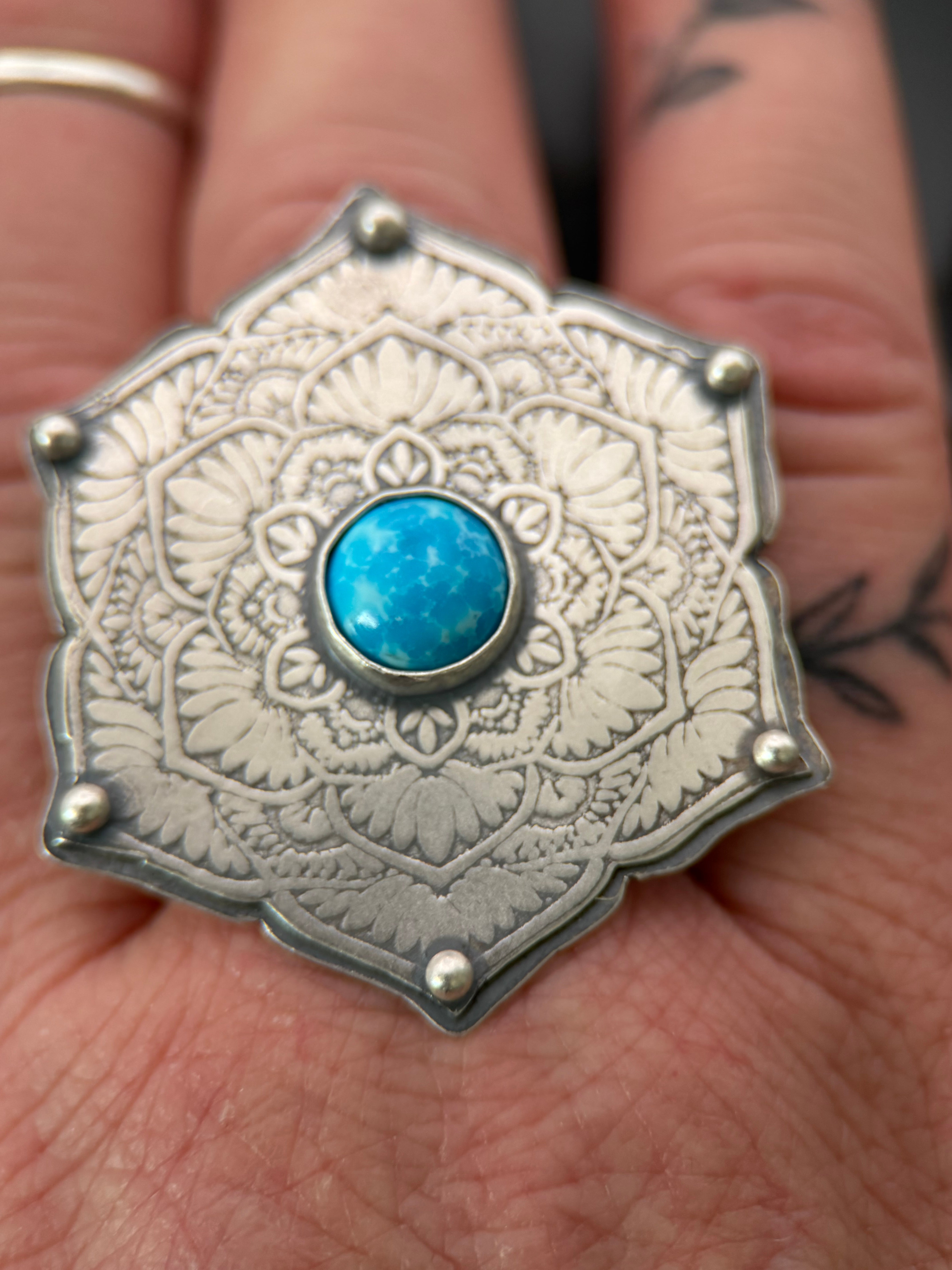 Kingman Turquoise and Silver Mandala Ring