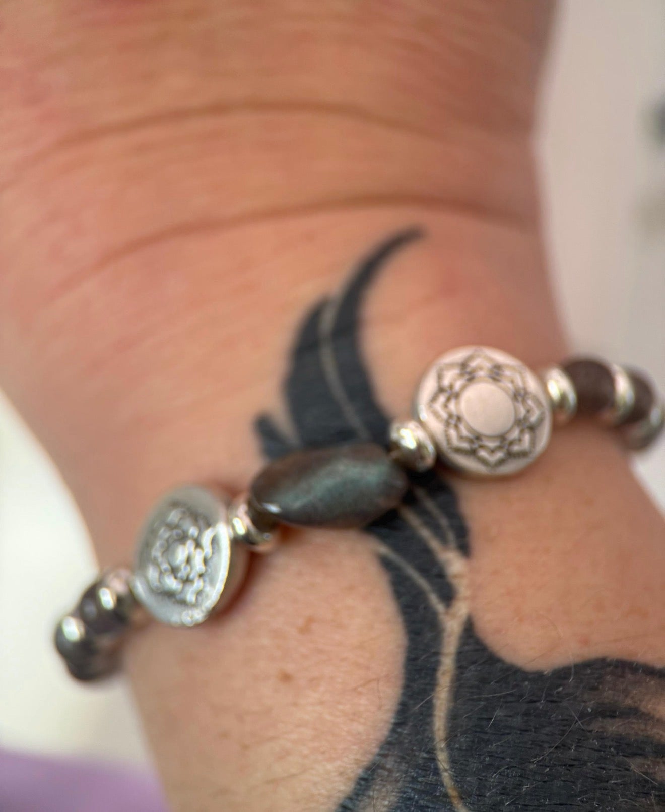 Medium Silver and Labradorite Bird Bracelet