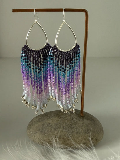 Purple and Blue Beaded Fringe Earrings