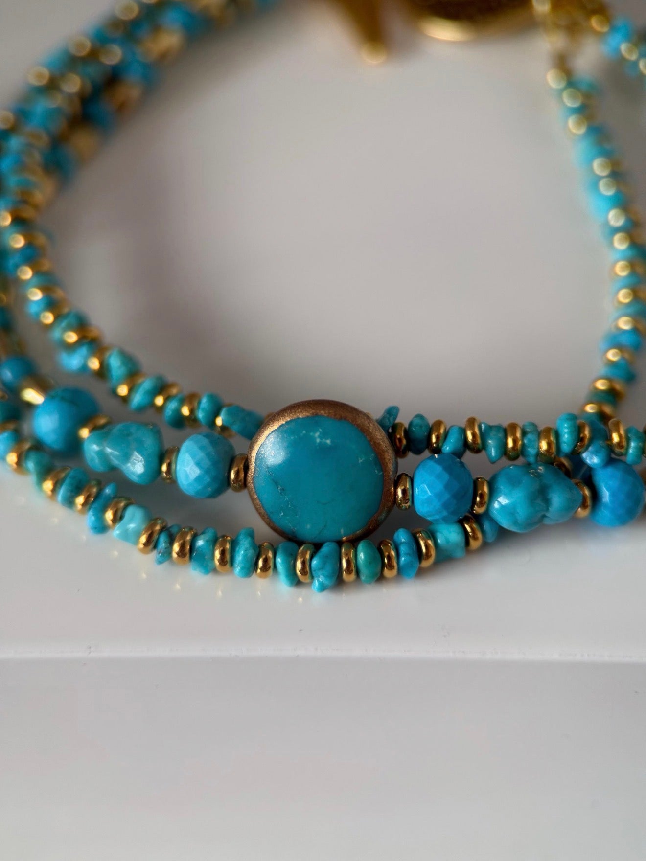 Medium Gold and Turquoise Triple Strand Bracelet and Earrings Set