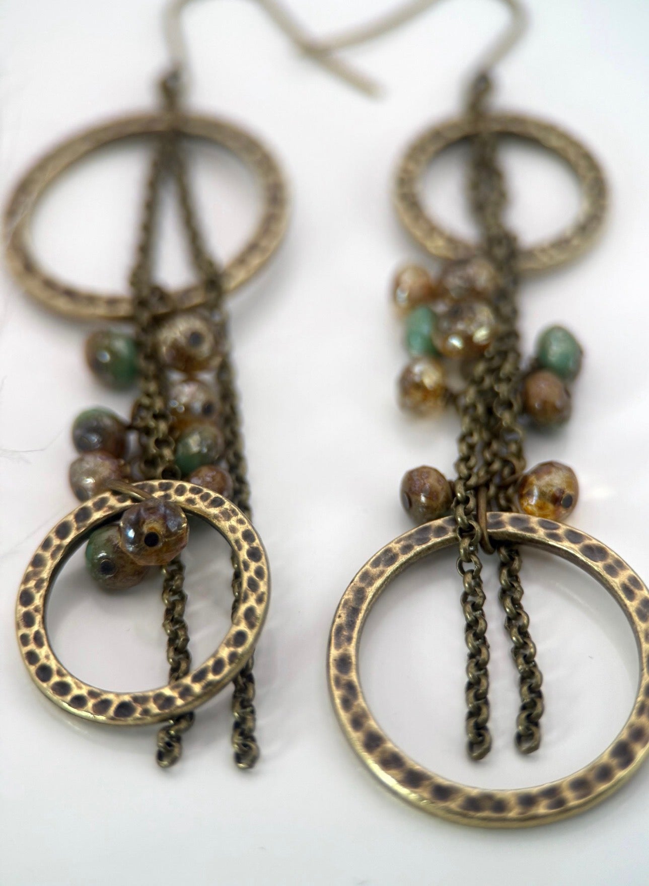 Brass Czech Glass Asymmetrical Brown and Green Earrings