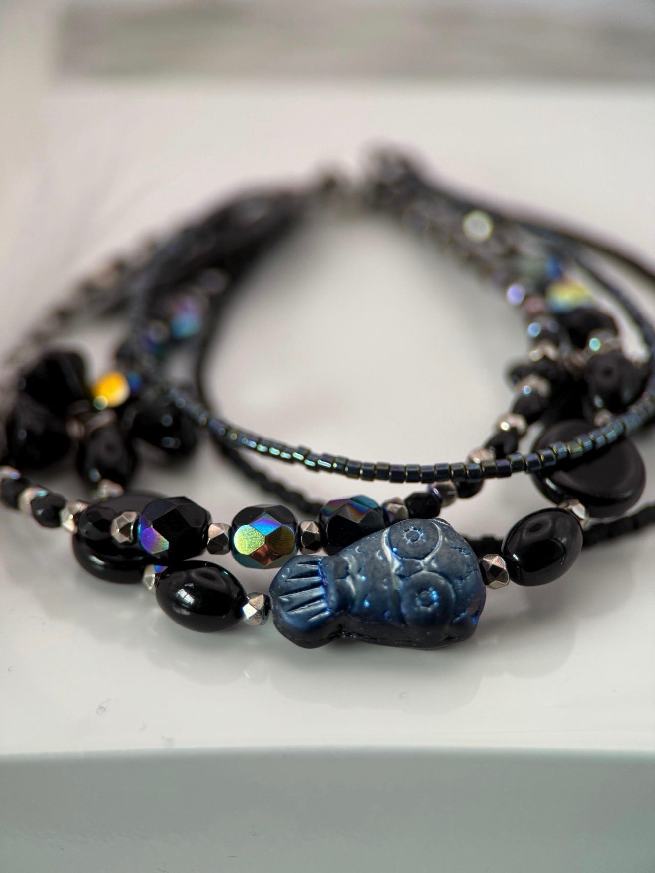 Medium Black Owl Czech Glass Bracelet and Earrings Set