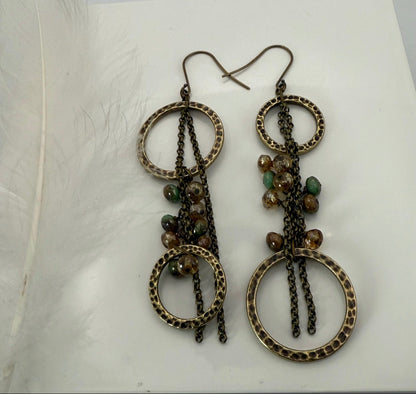 Brass Czech Glass Asymmetrical Brown and Green Earrings