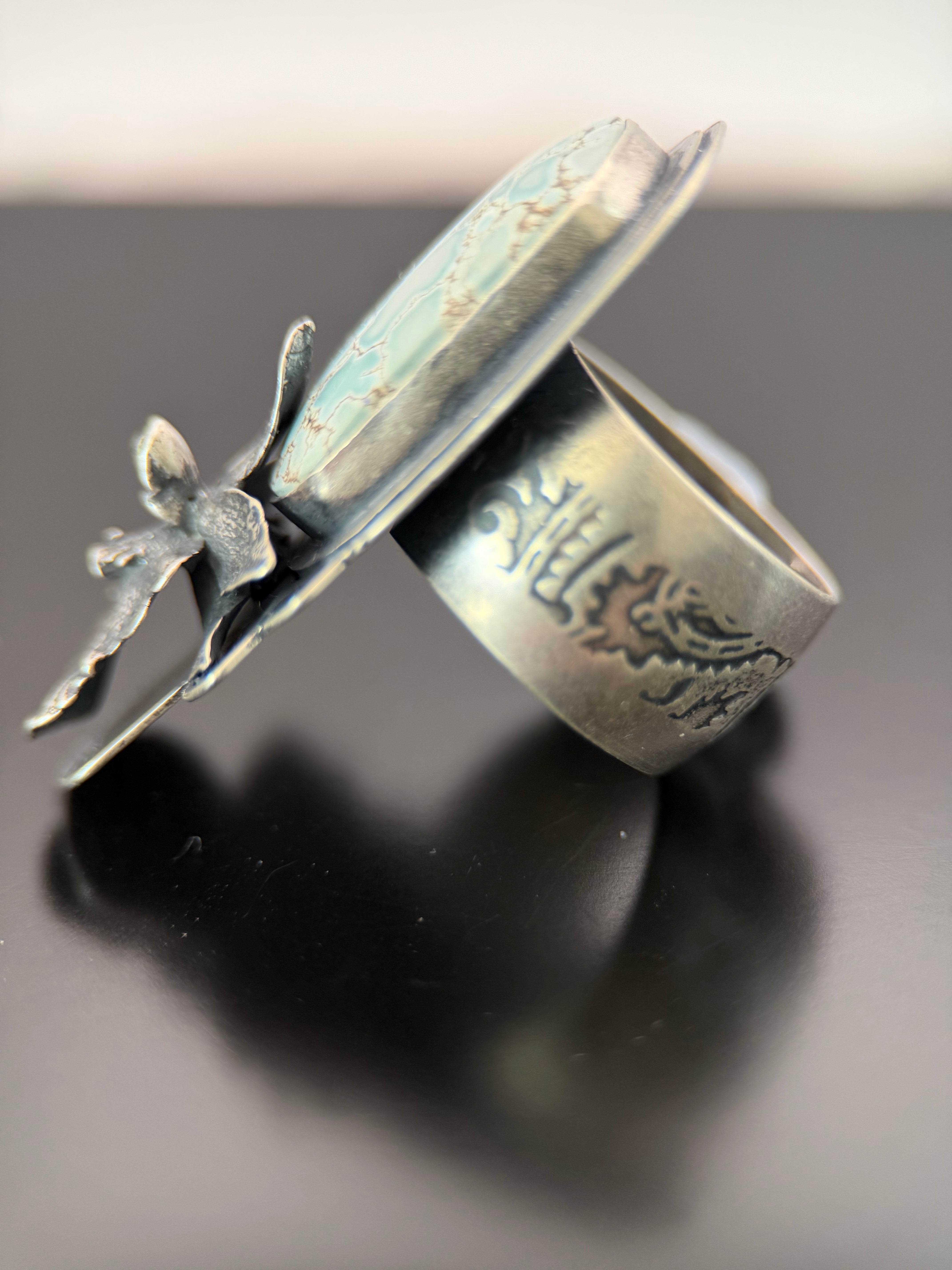 Rare Sand Hill Turquoise and Orchid Silver Ring