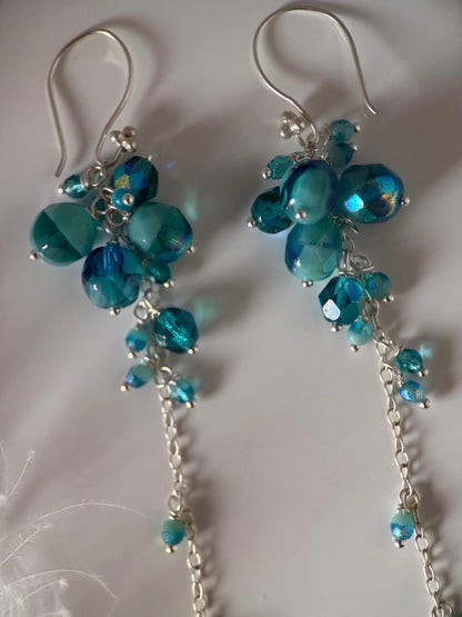 Turquoise and Silver Czech Glass Reverse Cluster Earrings