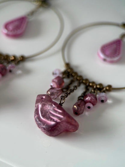 Brass Czech Glass Pink Bird Earrings