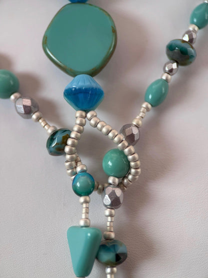 Long Lariat Wrap Turquoise Czech Glass Necklace