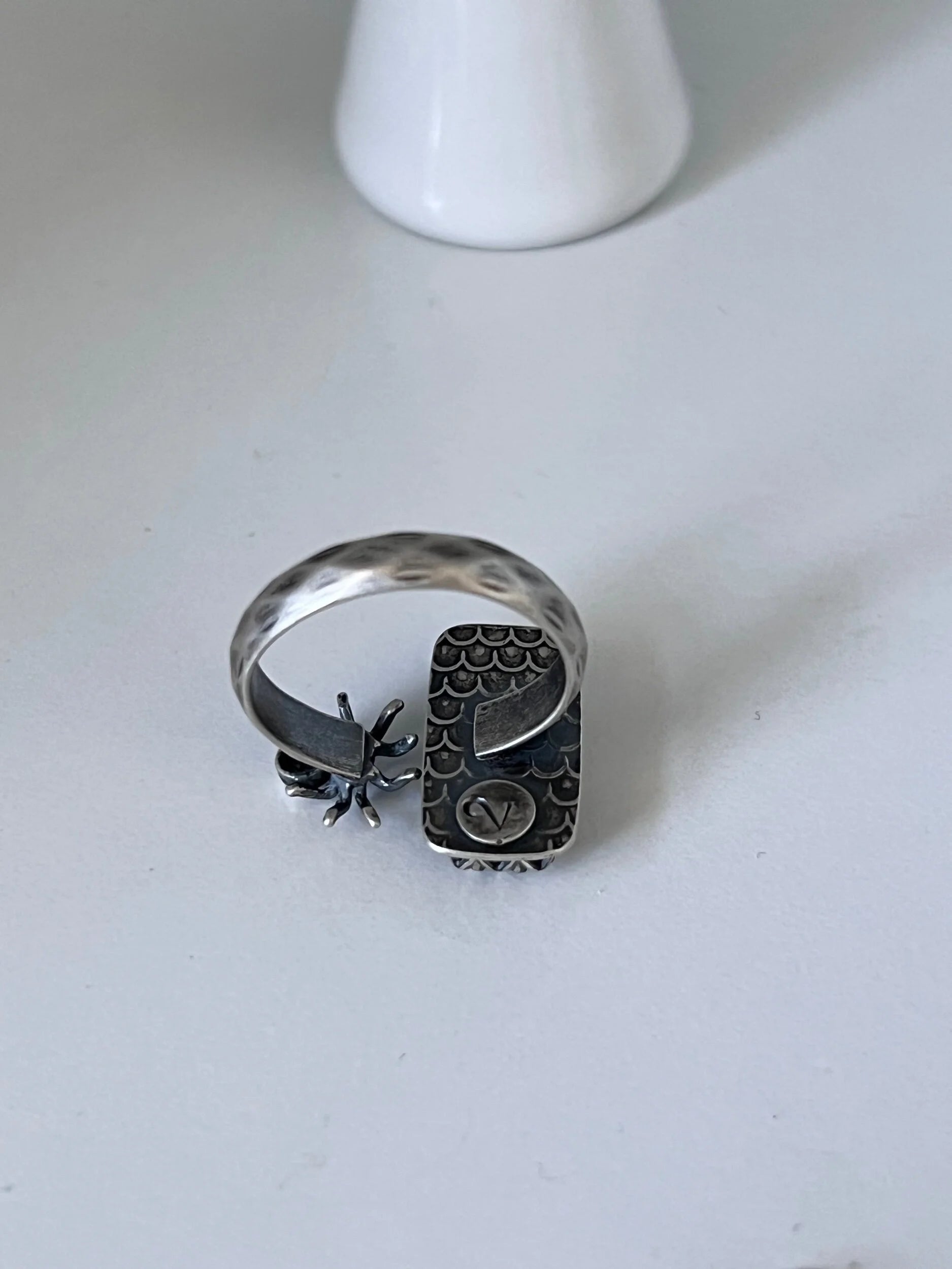 Open Concept Fire Opal & Bat Halloween Adjustable Ring