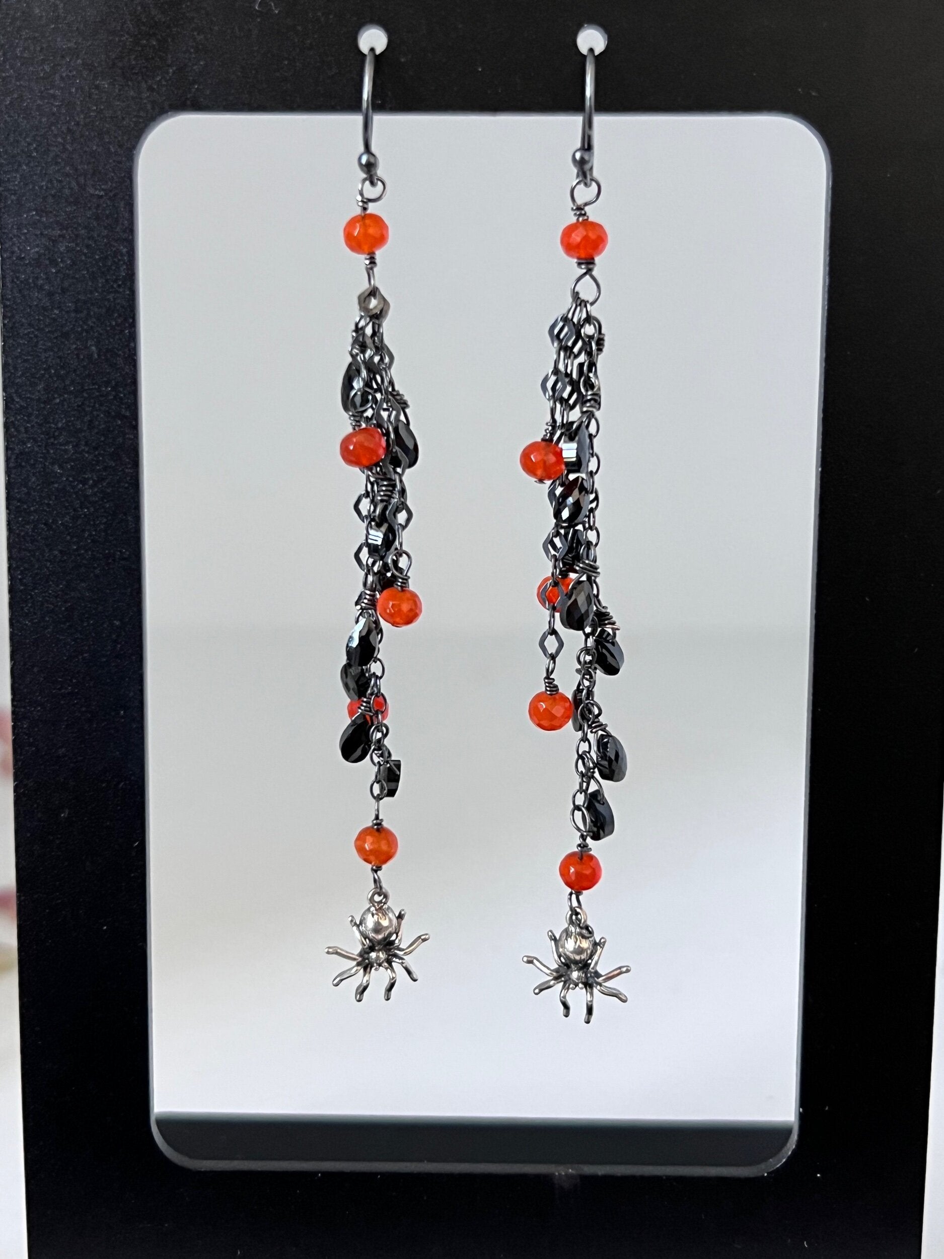 Black Spinel, Carnelian, and Spider Dangle Halloween Earrings