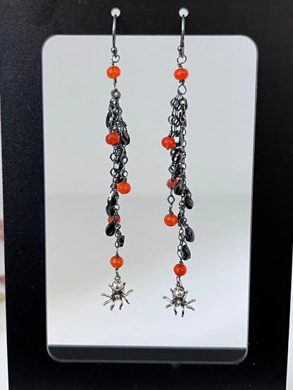 Black Spinel, Carnelian, and Spider Dangle Halloween Earrings