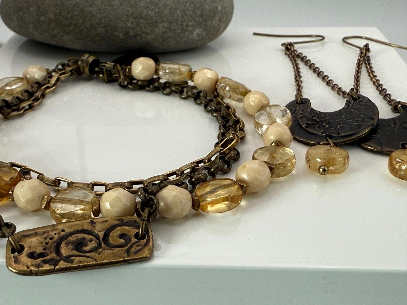 Medium Citrine and Czech Glass Bracelet and Earrings Set