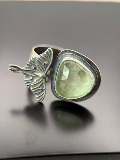 Luna Moth and Tourmaline Open Concept Silver Ring