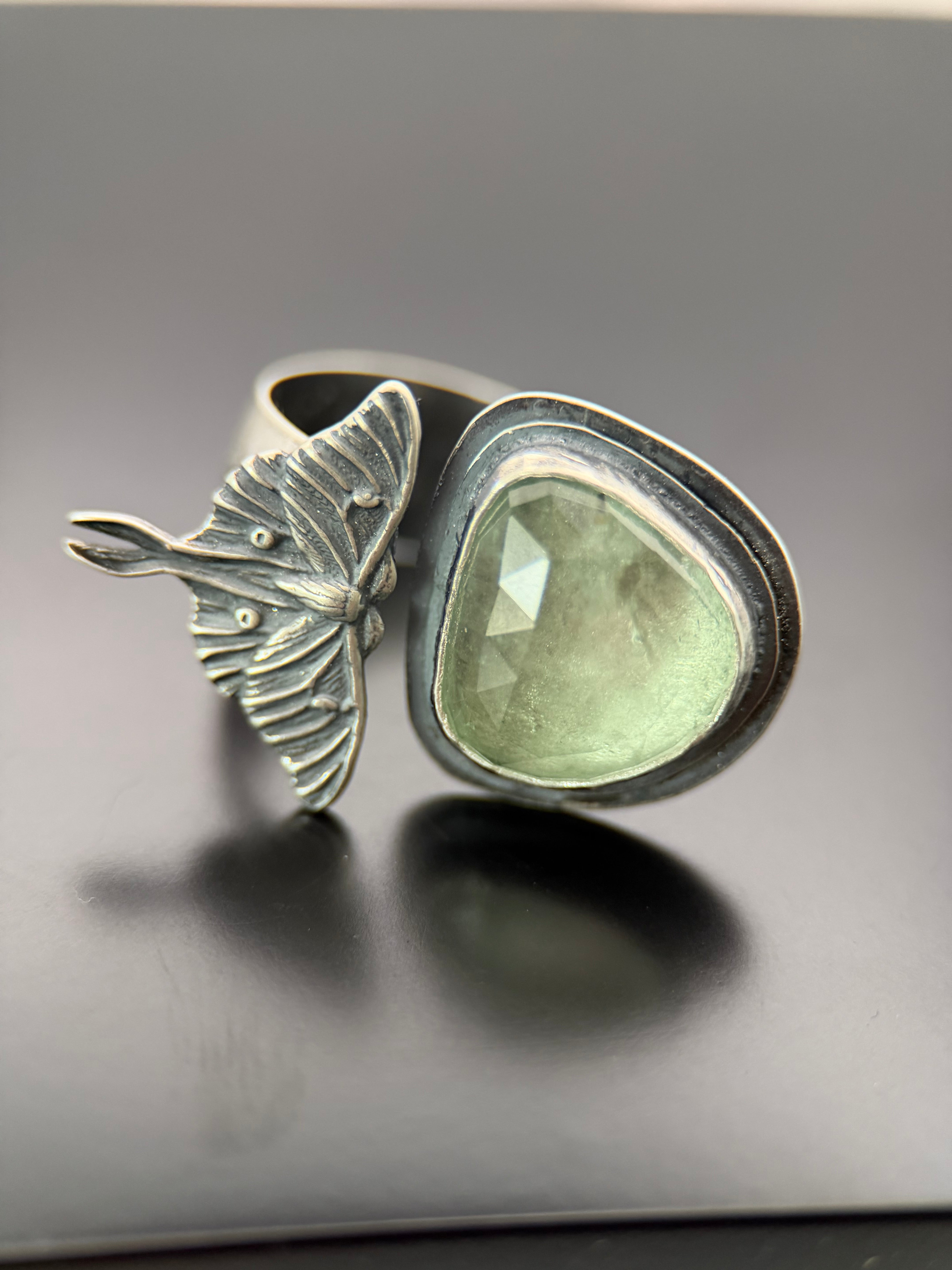Luna Moth and Tourmaline Open Concept Silver Ring