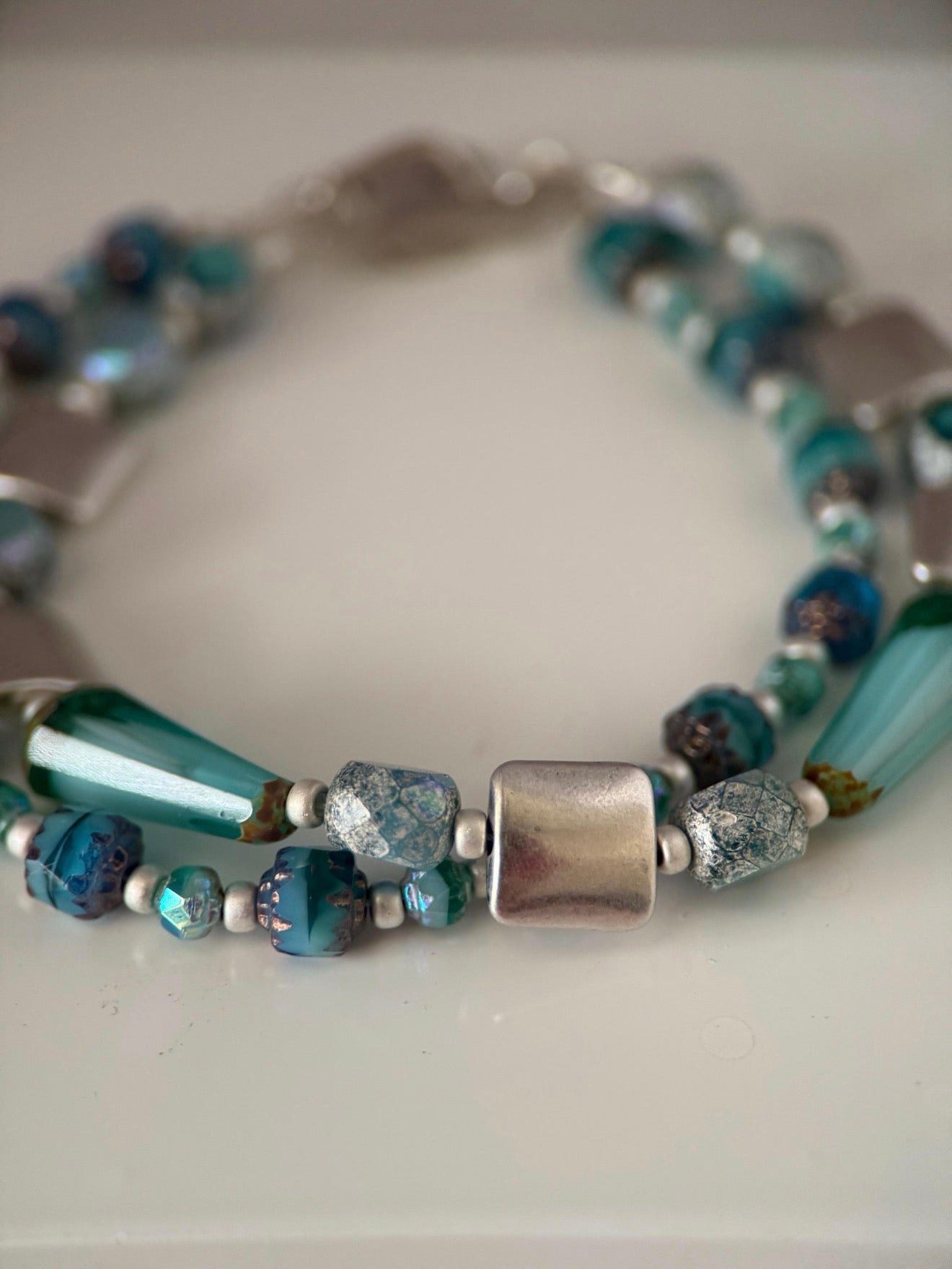 Medium Aqua Czech Glass Double Strand Bracelet