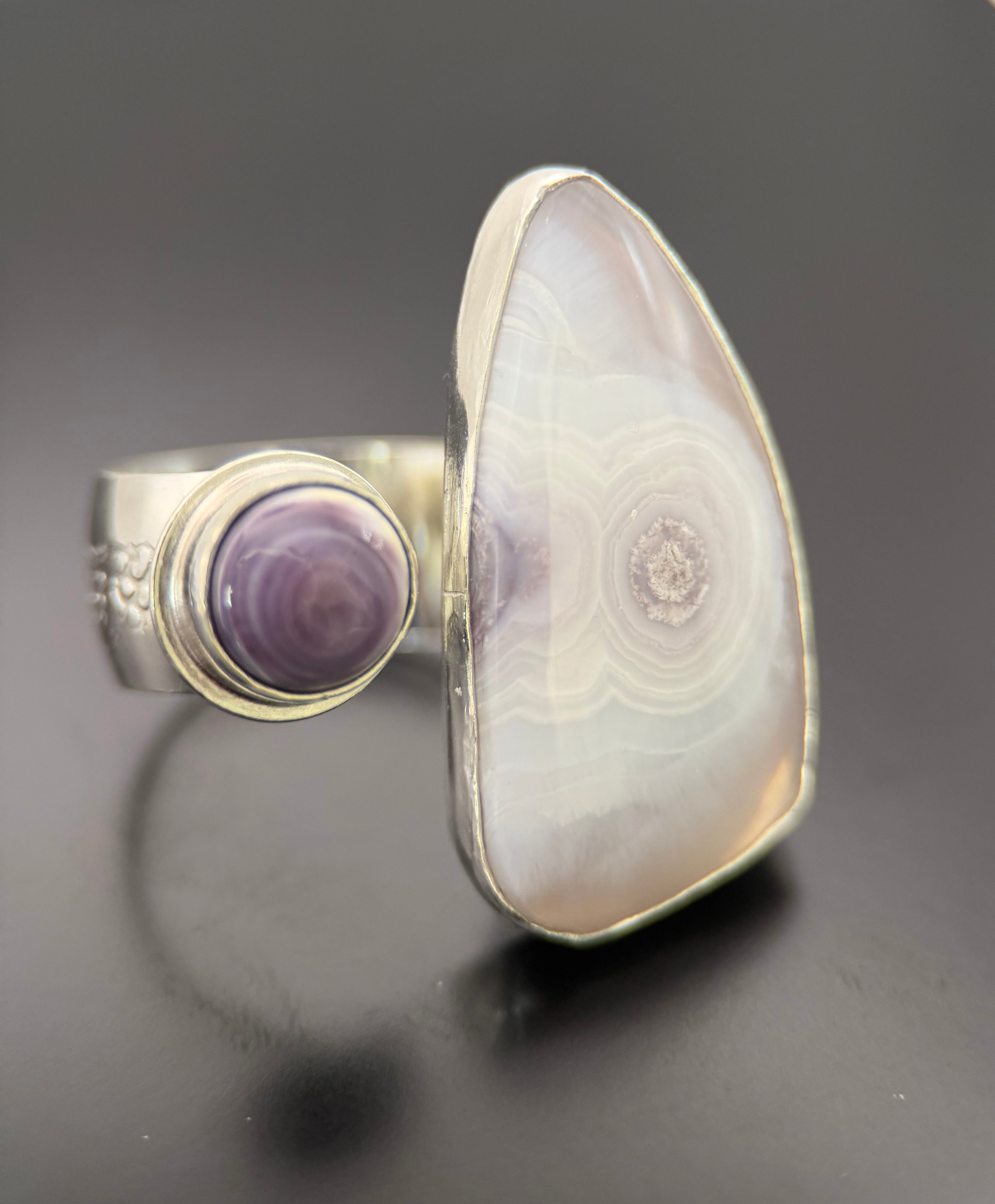 Open Concept Lavender Luna Agate and Wampum Shell Adjustable Ring