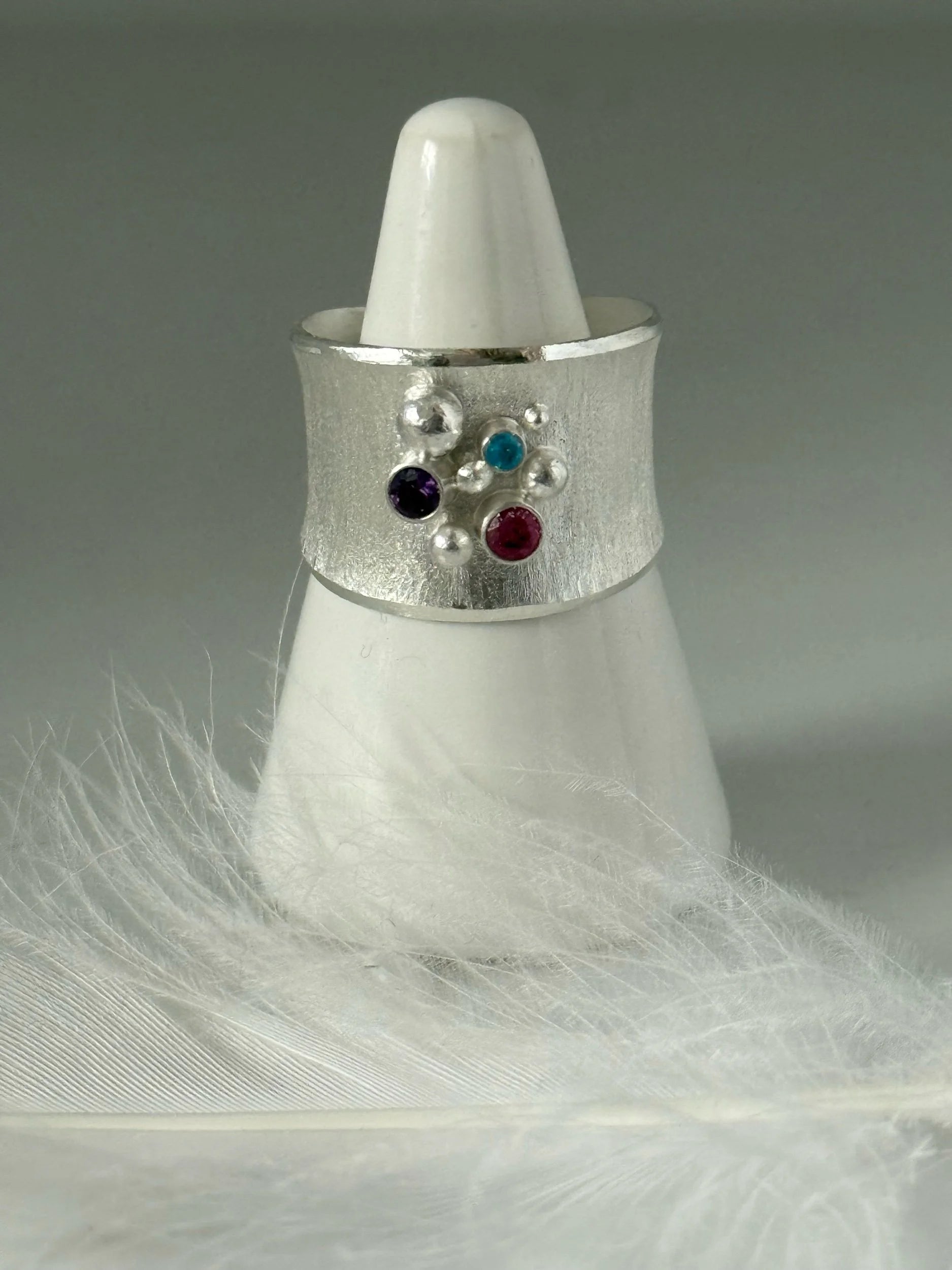 Pink Tourmaline, Amethyst, and Neon Apatite Silver Ring