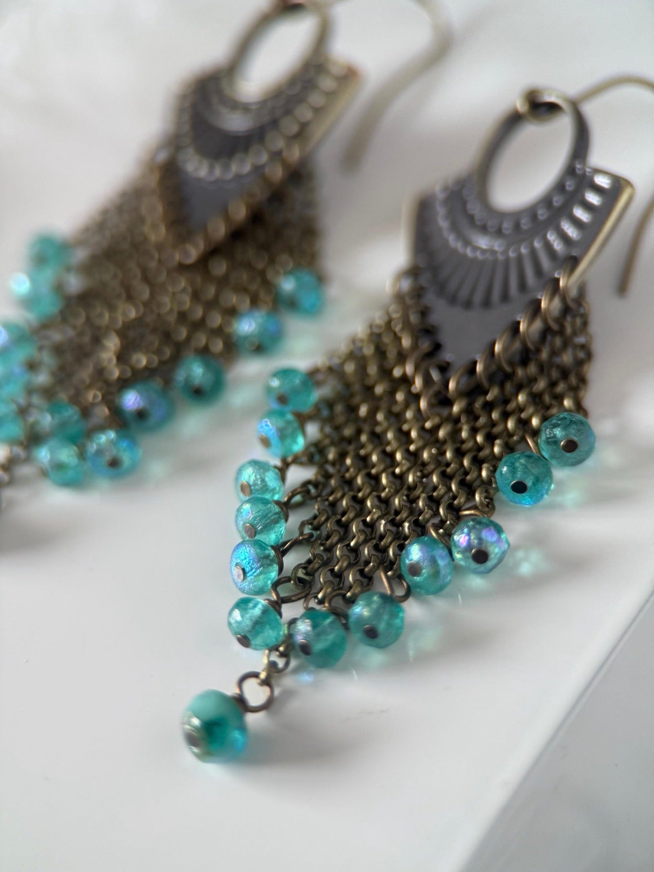 Brass Czech Glass Blue Arrow Earrings