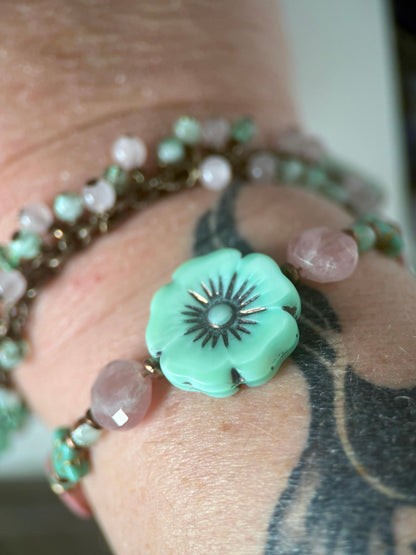 Medium Brass, Rose Quartz, Green Chalcedony and Czech Glass Flower Double Strand Bracelet