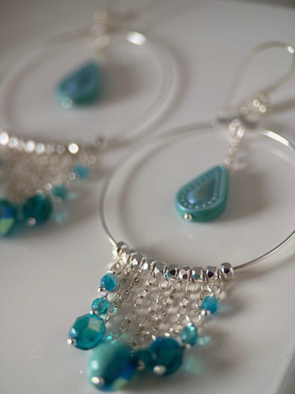 Turquoise and Silver Czech Glass Statement Earrings