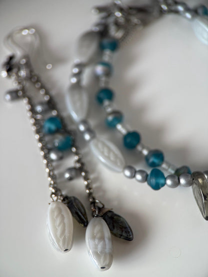 Medium Silver & Teal Czech Glass Earrings and Double Strand Bracelet