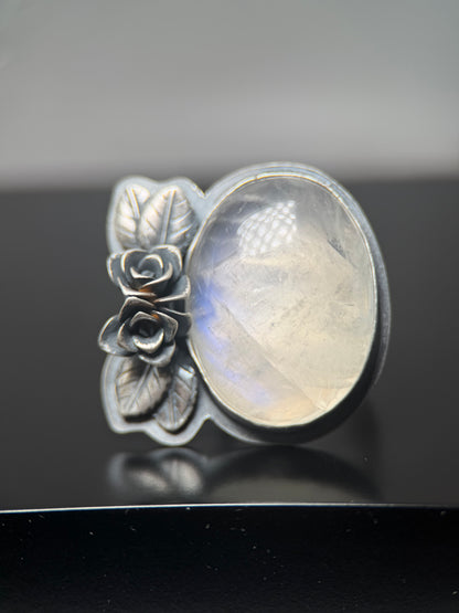 Oval Rainbow Moonstone Silver Rose Statement Ring