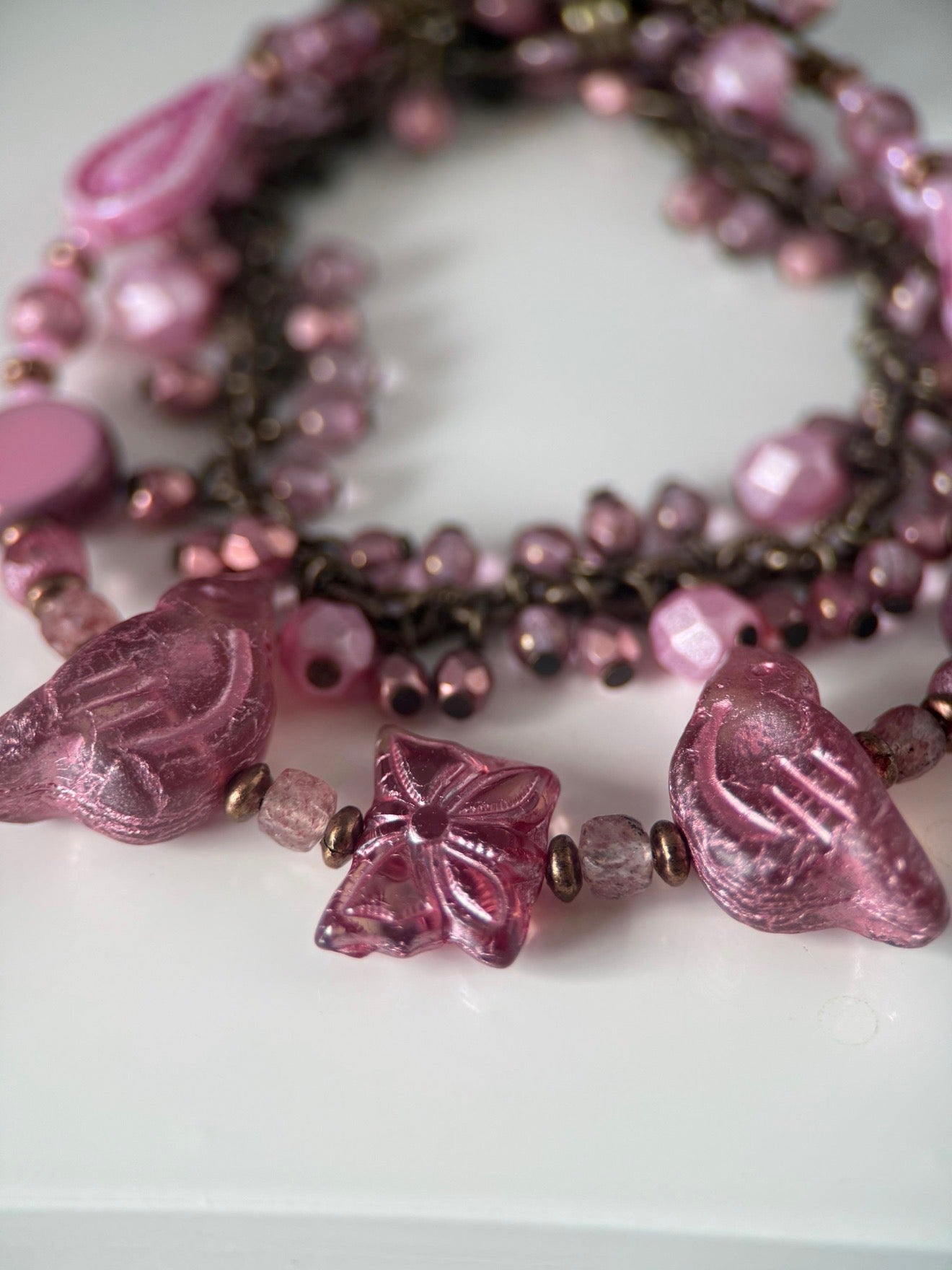 Brass Czech Glass Pink Bird Earrings