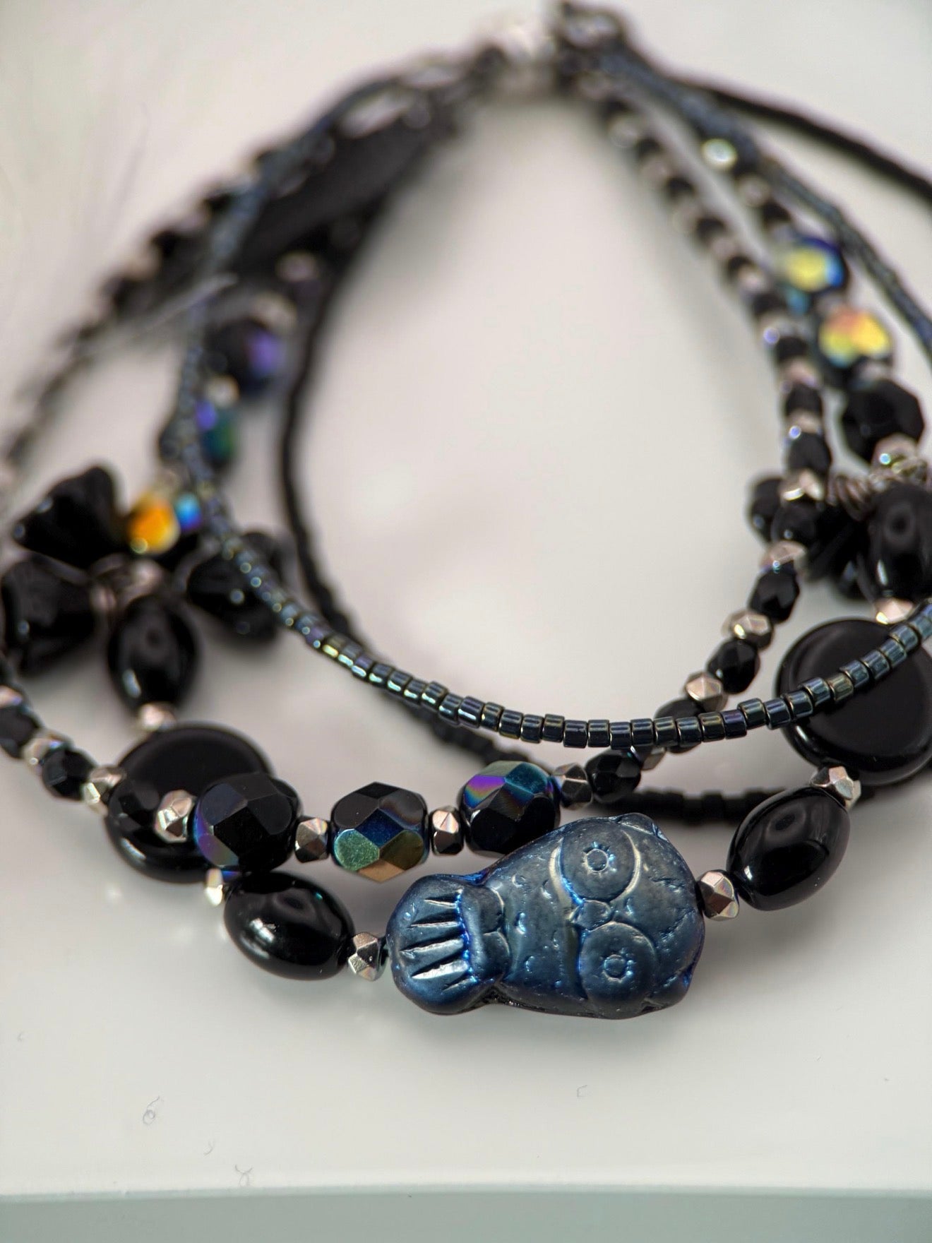 Medium Black Owl Czech Glass Bracelet and Earrings Set