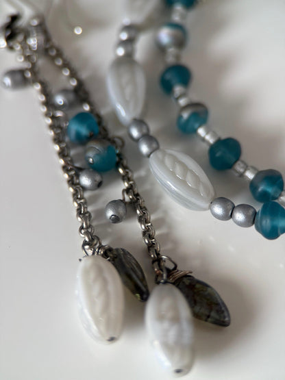Medium Silver & Teal Czech Glass Earrings and Double Strand Bracelet