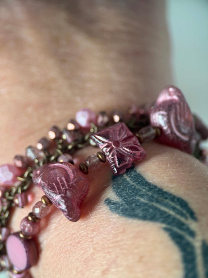 Medium Brass Czech Glass Pink Bird Double Strand Bracelet