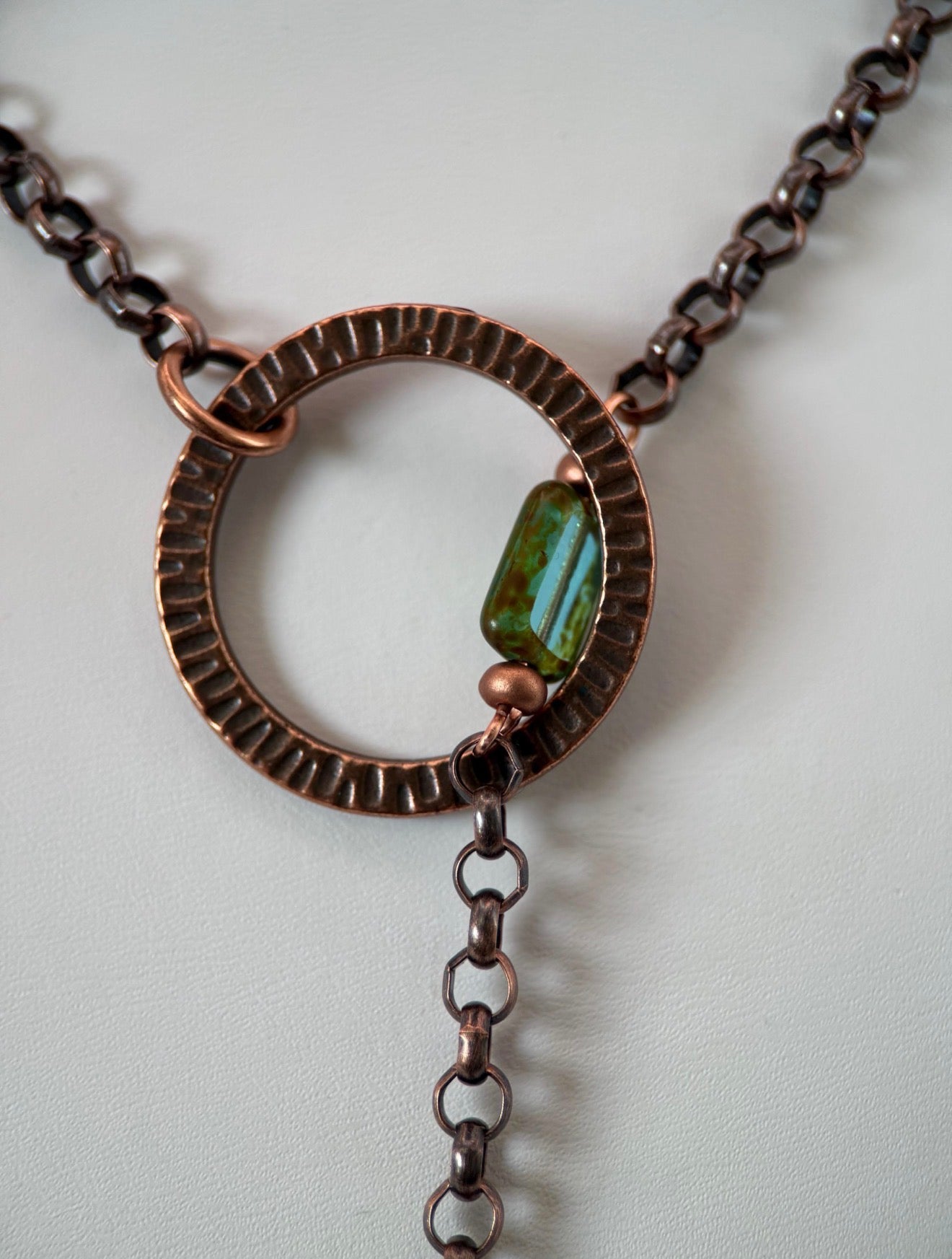 Lariat Aqua Czech Glass and Antique Copper Necklace
