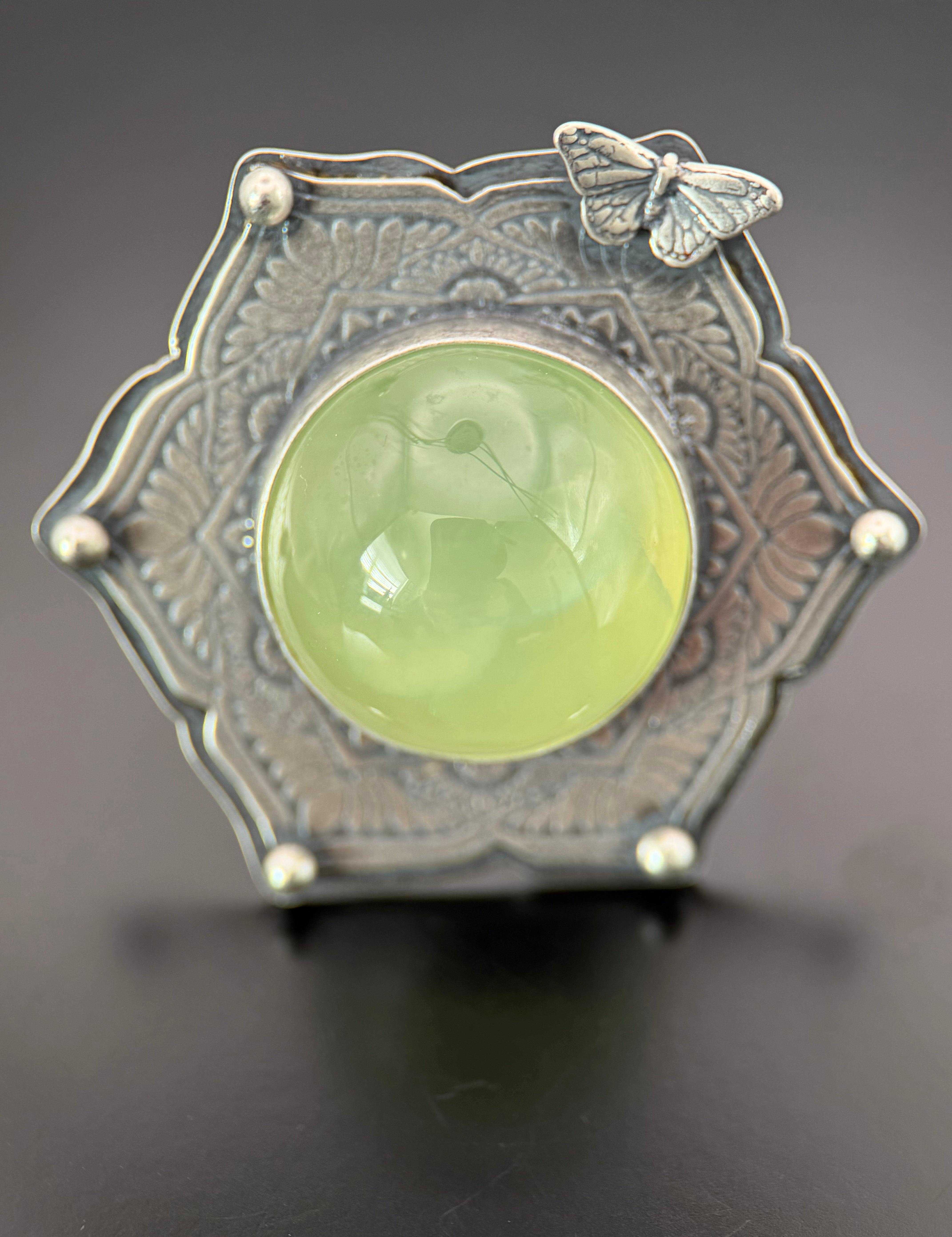 Prehnite Silver Mandala Butterfly Statement Ring