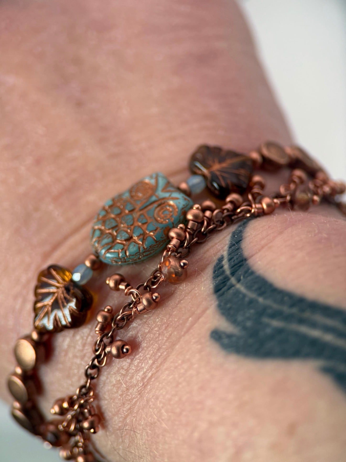 Medium Copper Owl Czech Glass Bracelet and Earrings Set