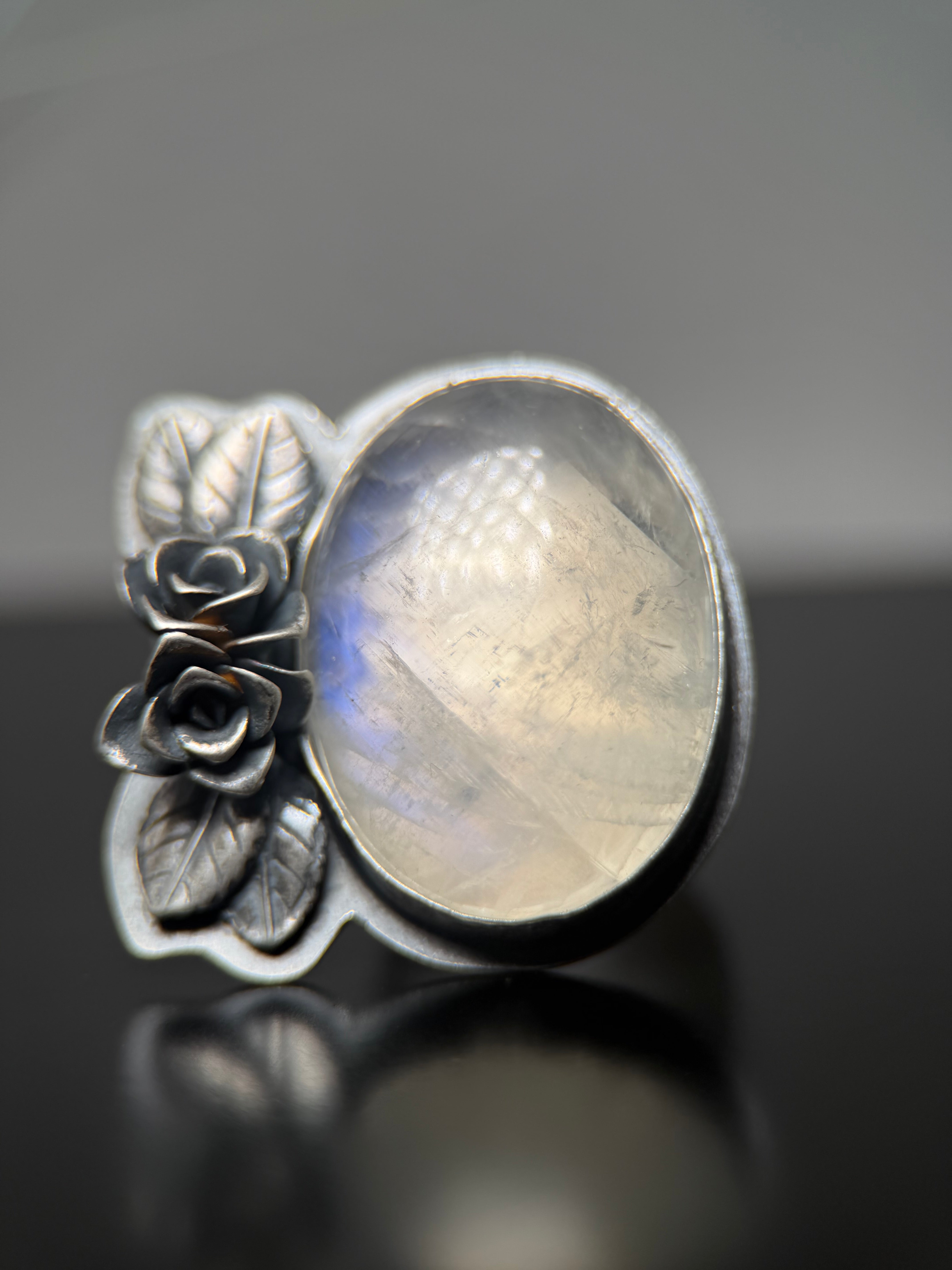 Oval Rainbow Moonstone Silver Rose Statement Ring